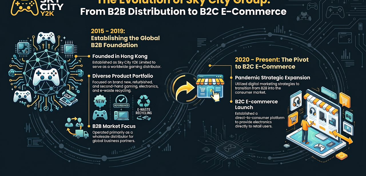 Timeline of Sky City Group from B2B distribution to B2C e-commerce
